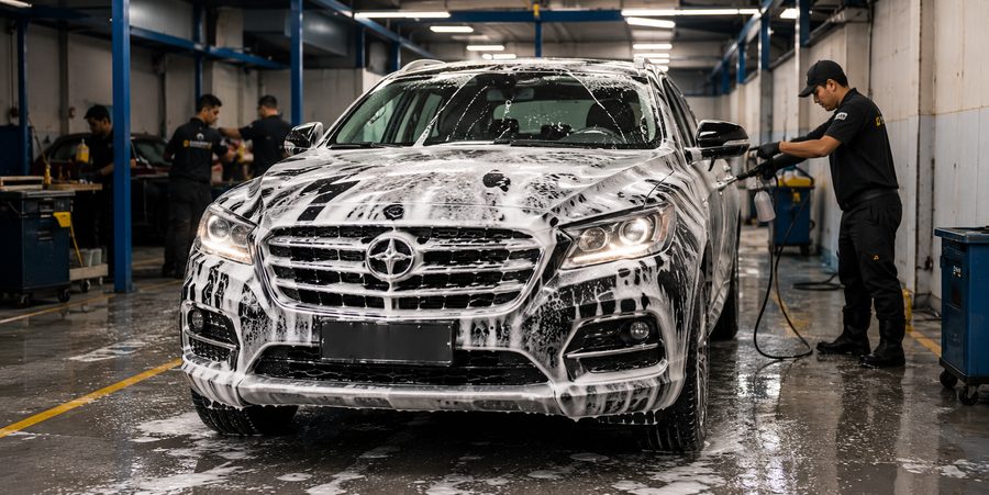 Auto SUV cubierto de espuma siendo lavado por un operario en un carwash techado