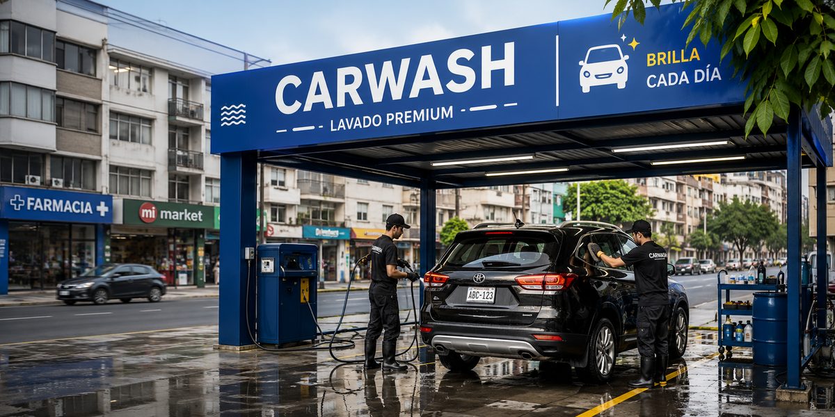 Carwash en una avenida de Lima con lavadores atendiendo un auto bajo un techo azul de lavado premium
