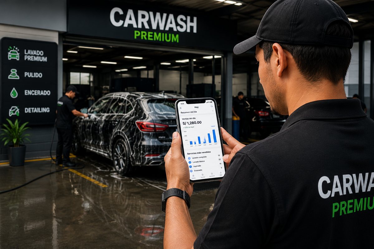 Dueño de un carwash en Perú revisando las ventas del día en la app Control Carwash mientras lavan un auto al fondo