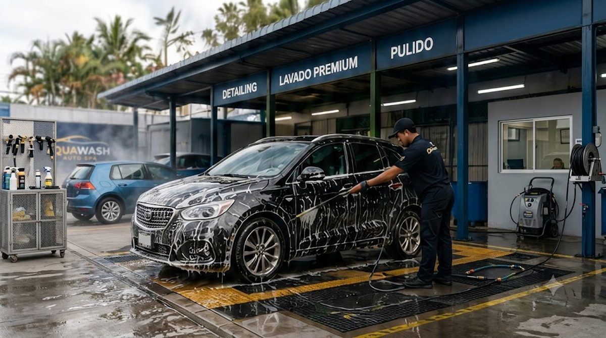 Operario lavando un auto negro con espuma en un carwash en Perú bajo carteles de Detailing, Lavado Premium y Pulido