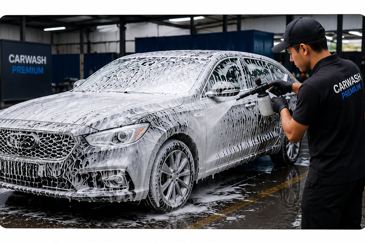 Operario de carwash aplicando shampoo con espuma a un auto sedán en un carwash en Perú
