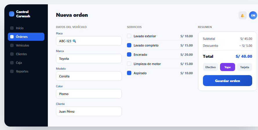 Pantalla de nueva orden: datos del vehículo, servicios y resumen de cobro